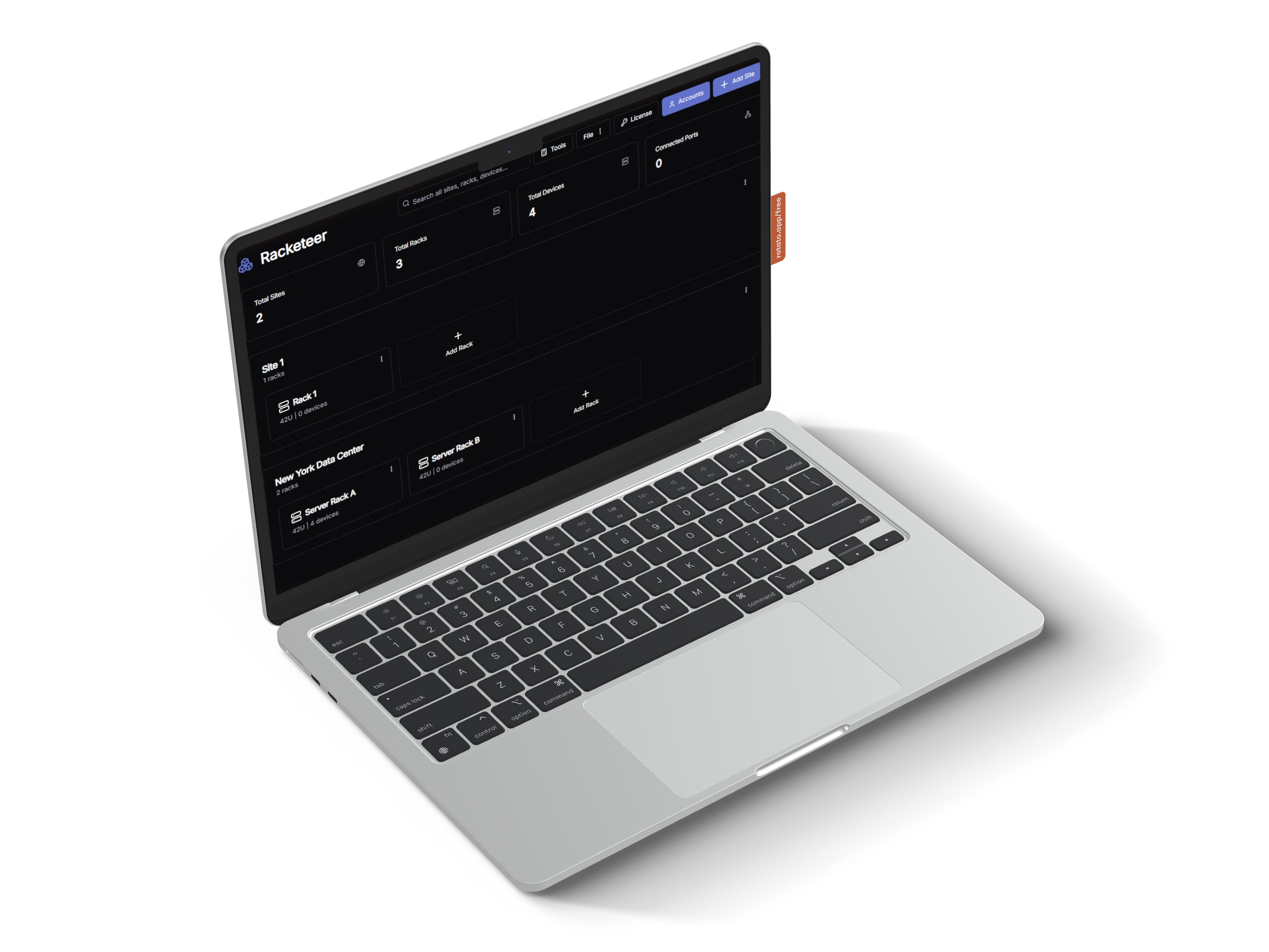 Racketeer dashboard — sites, racks, and devices